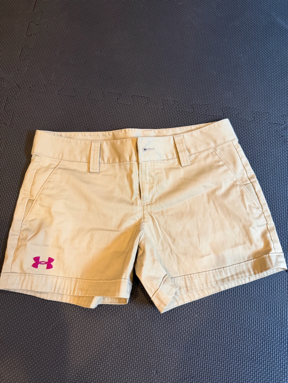 Under Armour Women’s Tan Athletic Shorts with Pink Logo